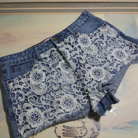 Forever 21 Pants - Forever 21 denim blue white lace jeans shorts Forever 21 Pants - Forever 21 denim blue white lace jeans shorts